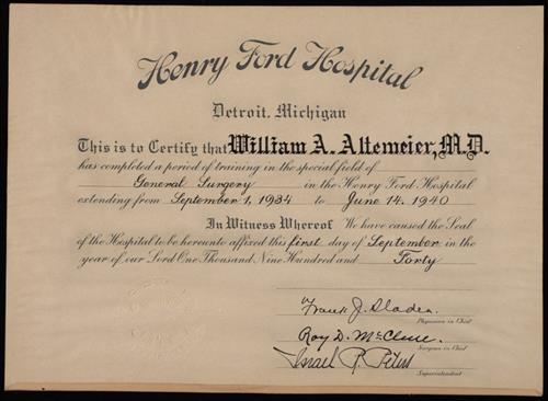 Image of Surgical Internship Certificate from Henry Ford Hospital