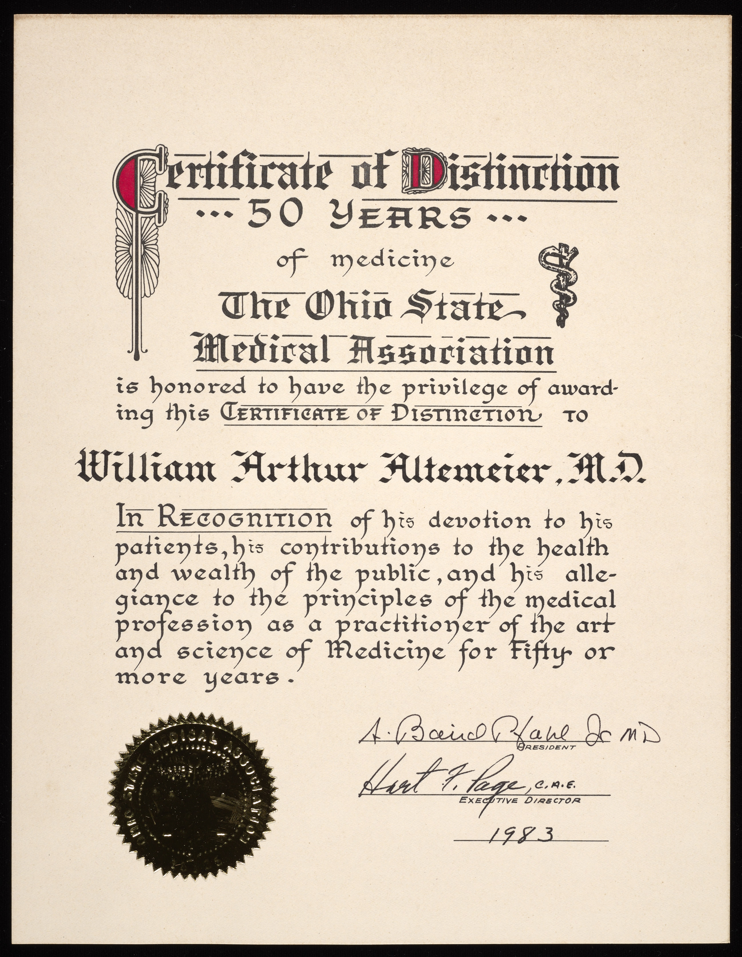 Image of Ohio State Medical Association Certificate of Distinction for 50 Years of Practice in Medicine