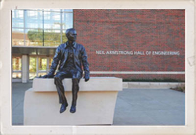 A likeness of Neil Armstrong sits outside Neil Armstrong Hall of Engineering on the campus of Purdue University in West Lafayette, Indiana.