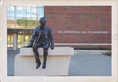 A likeness of Neil Armstrong sits outside Neil Armstrong Hall of Engineering on the campus of Purdue University in West Lafayette, Indiana. Photo Credit: Huw Williams
