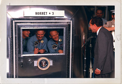 President Richard M. Nixon welcomes the Apollo 11 astronauts.