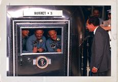 President Richard M. Nixon was in the central Pacific recovery area to welcome the Apollo 11 astronauts aboard the U.S.S. Hornet, prime recovery ship for the historic Apollo 11 lunar landing mission. Photo credit: NASA