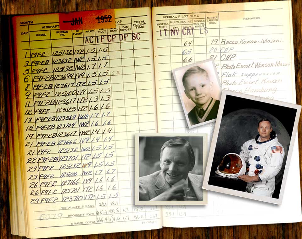 His Flight Log Book and photos as child, UC professor, and astronaut (Image credit: NASA)