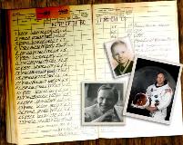 Pages in his 1949 USNR Aviators Flight Log Book and photos as a child, UC professor, and astronaut.