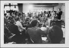 Neil Armstrong speaks at his only UC press conference, marking the 10th anniversary of the moon landing in 1979. Photo credit: Peggy Palange, UC Public Information Office