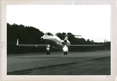 Learjet Longhorn 28 takes off from "First Flight" strip near Kill Devil Hills, N.C. on record time-to-climb flight February 19, 1979. Photo Courtesy of UC Public Information Office