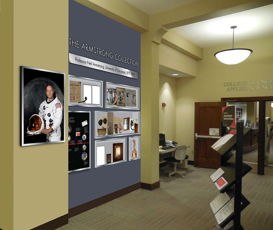 The Armstrong Collection Exhibit located at the CEAS (College of Engineering and Applied Science) Library in Baldwin Hall on UC Campus