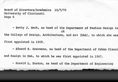 Internal document listing University of Cincinnati news updates. October, 1975.