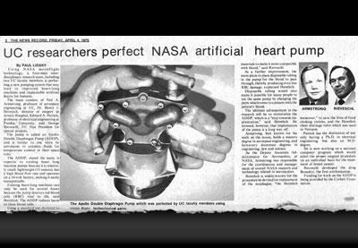 UC News Record April,1975 article, &ldquo;UC researchers perfect NASA artificial heart pump&rdquo;. In the UC Neil Armstrong Commemorative Archives Collection