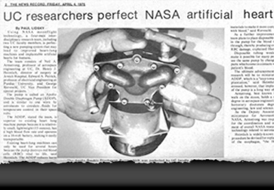 UC News Record April,1975 article, &ldqou;UC researchers perfect NASA artificial heart pump.”