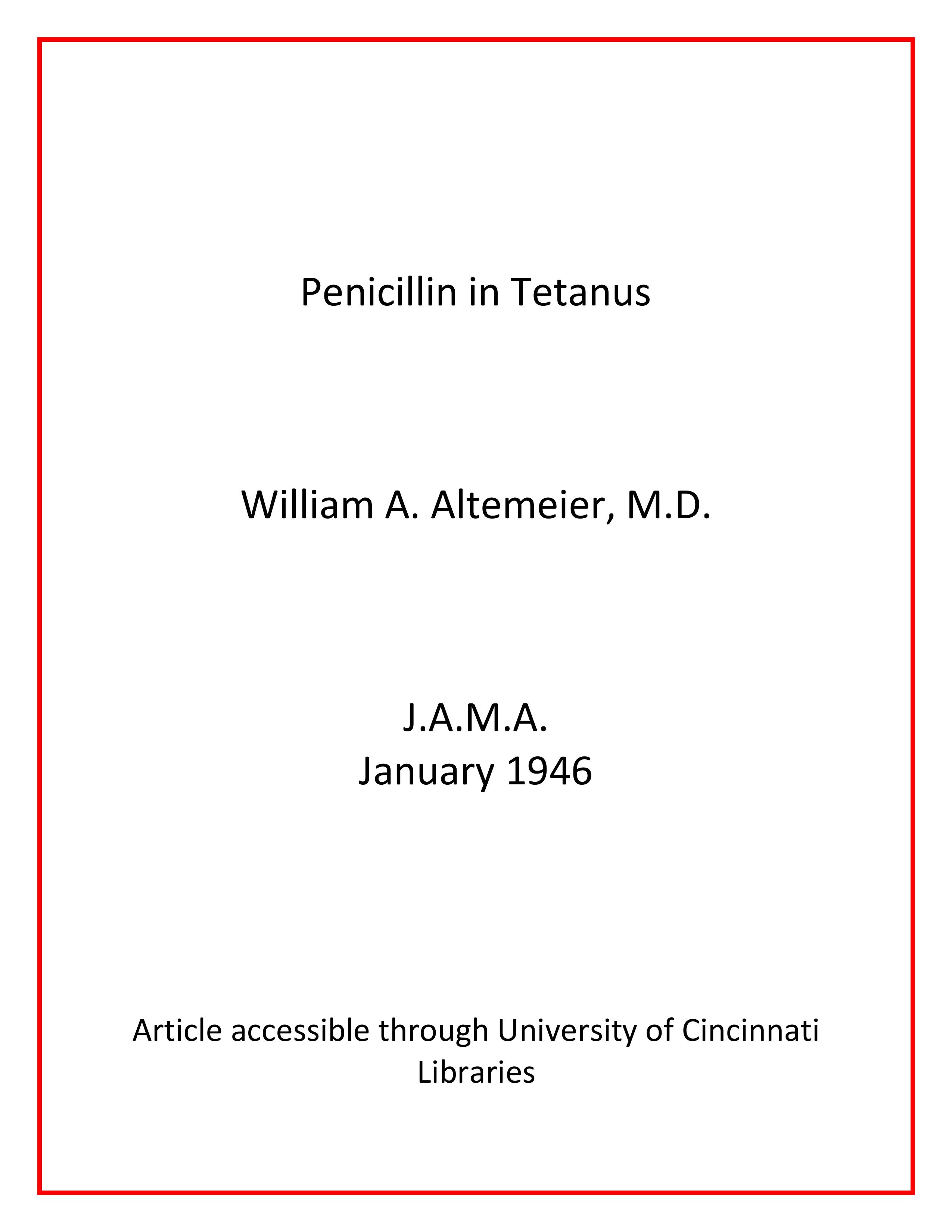 Image for Altemeier article Penicillin in Tetanus