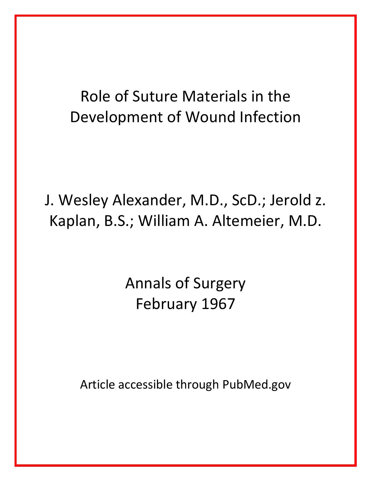 Image for Altemeier article Role of Suture Materials in the Development of Wound Infection