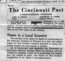 Cincinnati Post article: Honor to a Local Scientist